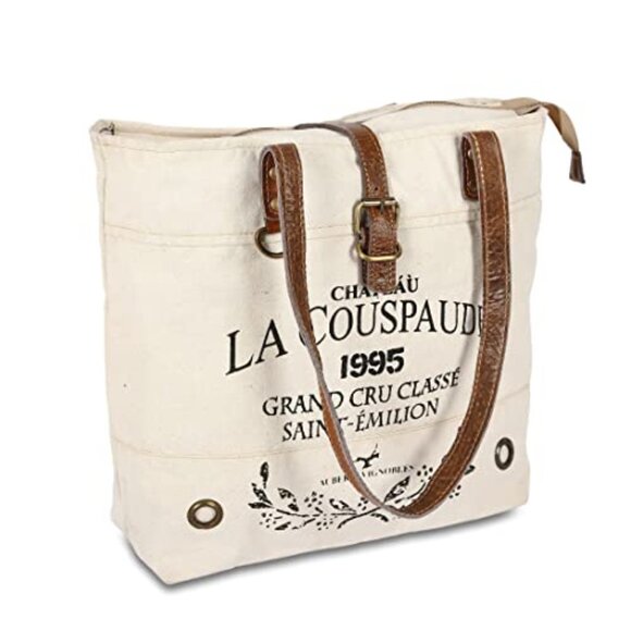 Upcycled Canvas Leather Tote Bag Boho Retro Shoulder Bag Spacious Travel - Picture 7 of 8